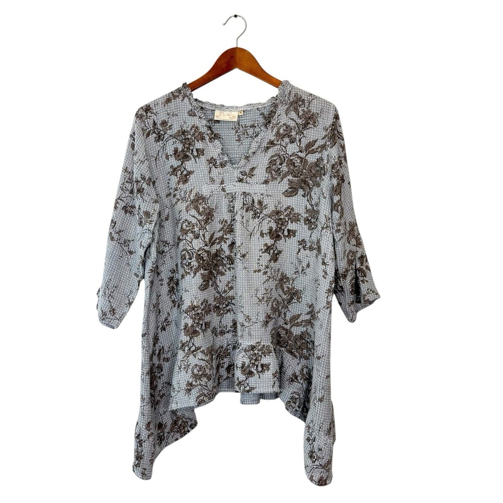 Paper Lace Tunic Top XL Waffle Knit Boho 100% Cotton Cottagecore Blue Flowy